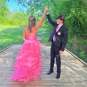 Sherri Hill Hot Pink Strapless Ruffled Ball Gown